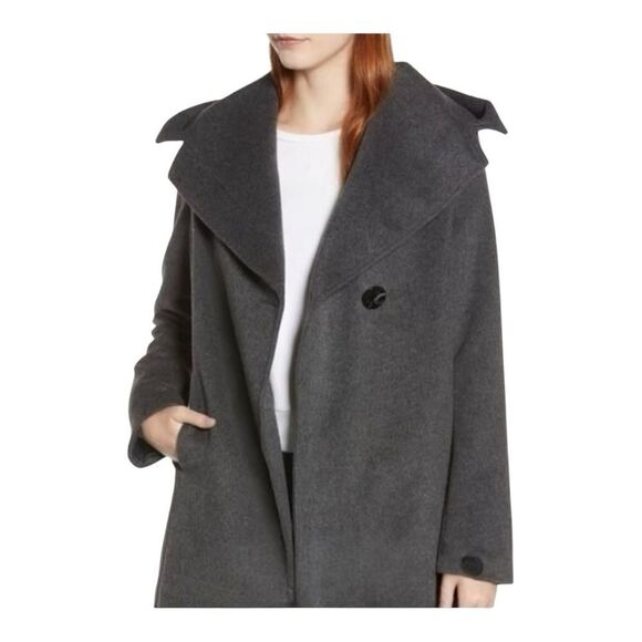 Sam Edelman Shawl Collar Hooded Wool Blend Charcoal Gray Pea Coat Size 8 - Picture 4 of 14
